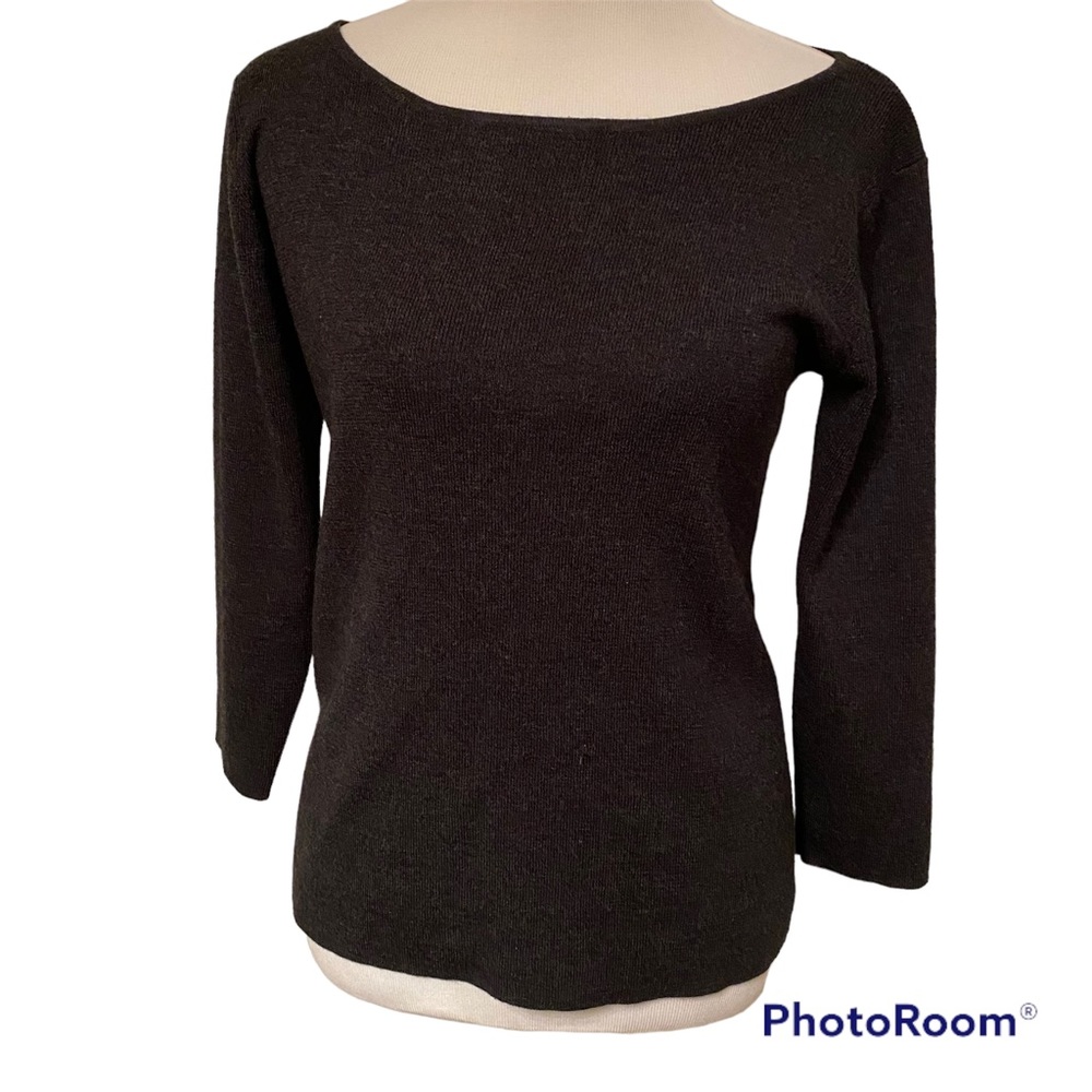 EILEEN FISHER SWEATER BOAT CLASSIC NECK CHARCOAL GRAY WOOL 3/4 SLEEVE Sze S